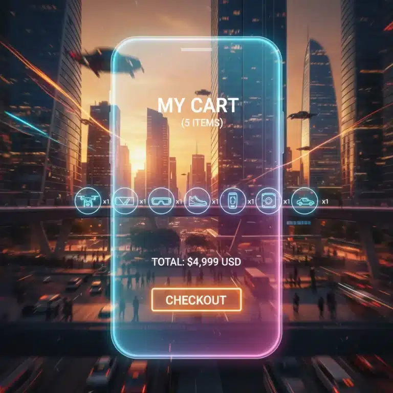 Mobile phone displaying e-commerce checkout in a busy city, symbolising growth.