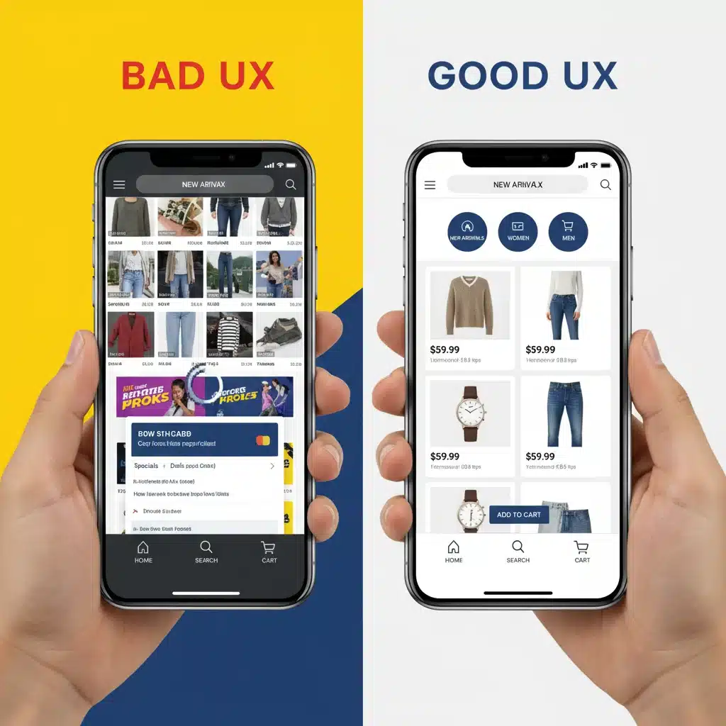 Comparison of good and bad mobile e-commerce user experience interfaces.