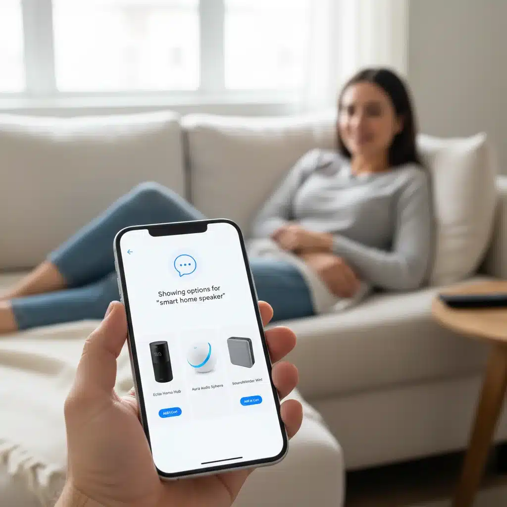 User interacting with a voice assistant on a smartphone for product search.