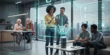 People using smart devices for voice shopping in a modern home setting.